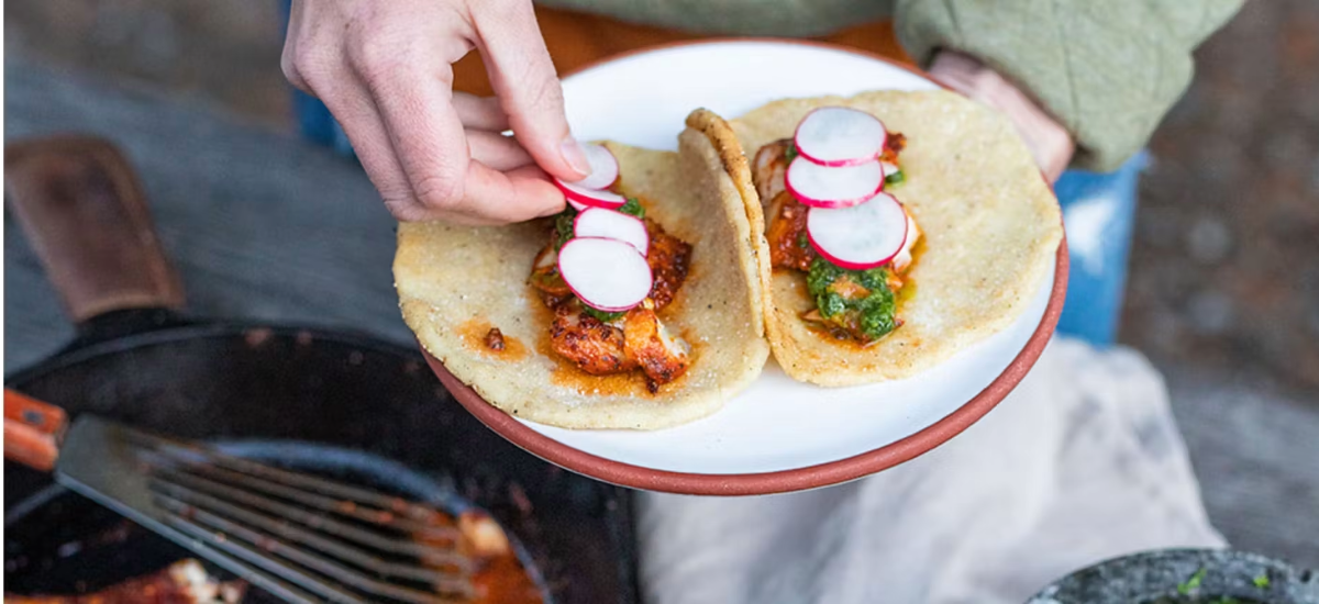 BLACKENED ROCKFISH TACOS WITH TRADITIONAL CHIMICHURRI AND FIRE ROASTED TORTILLAS
